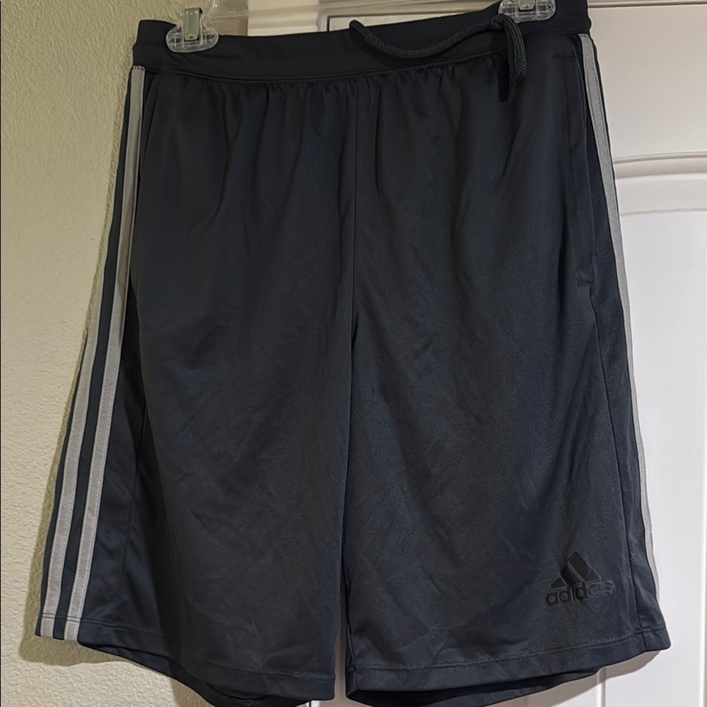 Adidas Gray Athletic Shorts with Three-Stripe Design